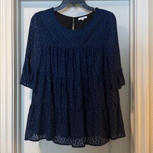 Pleione Navy Lace Tiered Bell-Sleeve Top